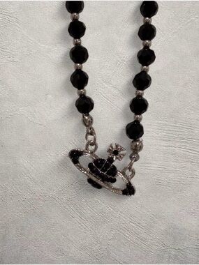 Orb Style Silver Black Beaded Cross Pendant Goth Punk Necklace